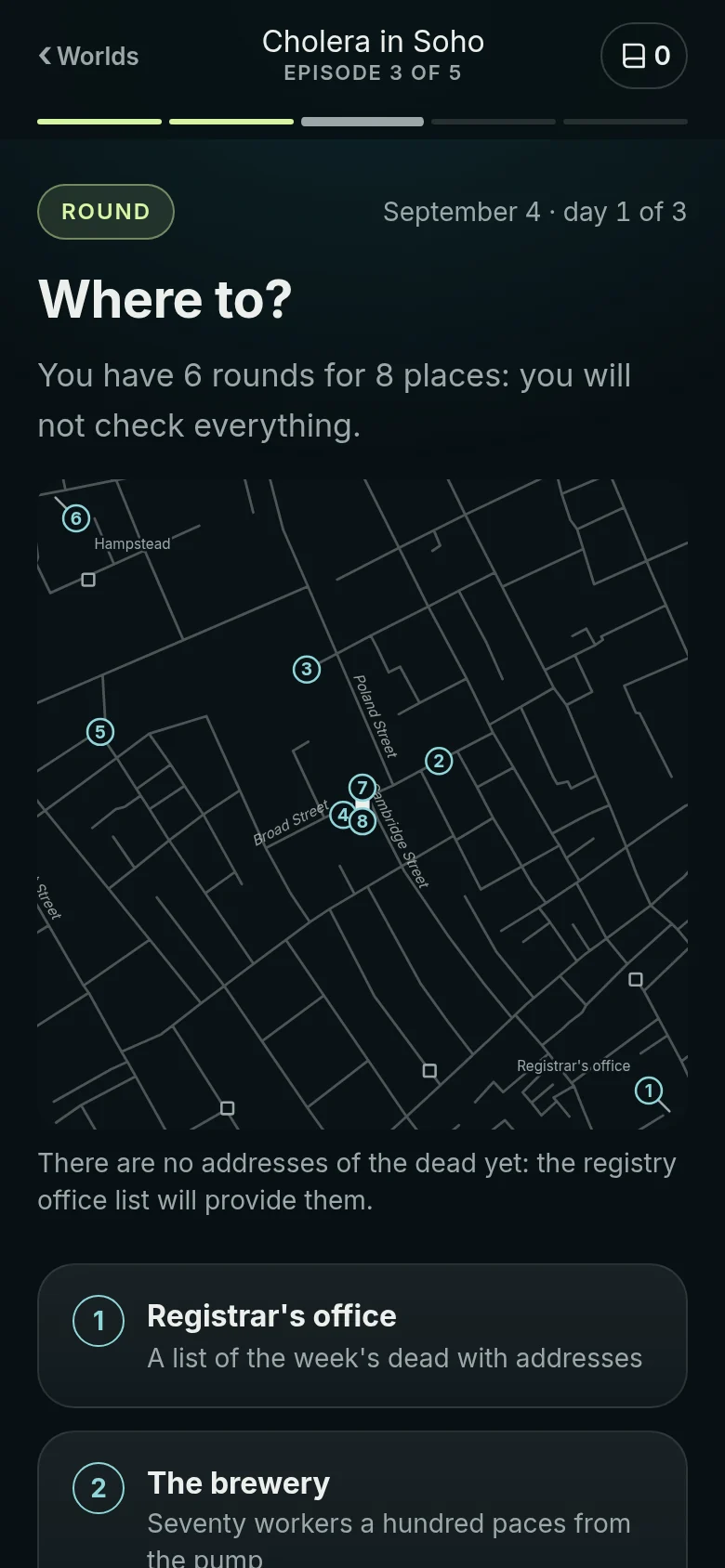 Screen “Round”: the question “Where to?”, a map of Soho with numbered places and the list of places