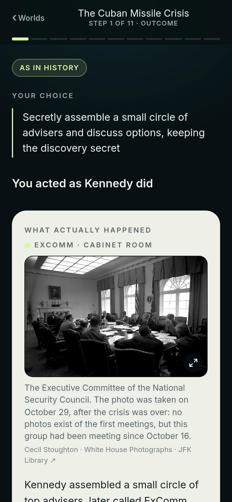 Screen “Outcome”: verdict “As in history”, your choice and the photo of what actually happened